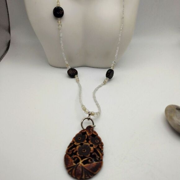 Wooden carved Haiti tribal necklace‎ handcrafted jewelry